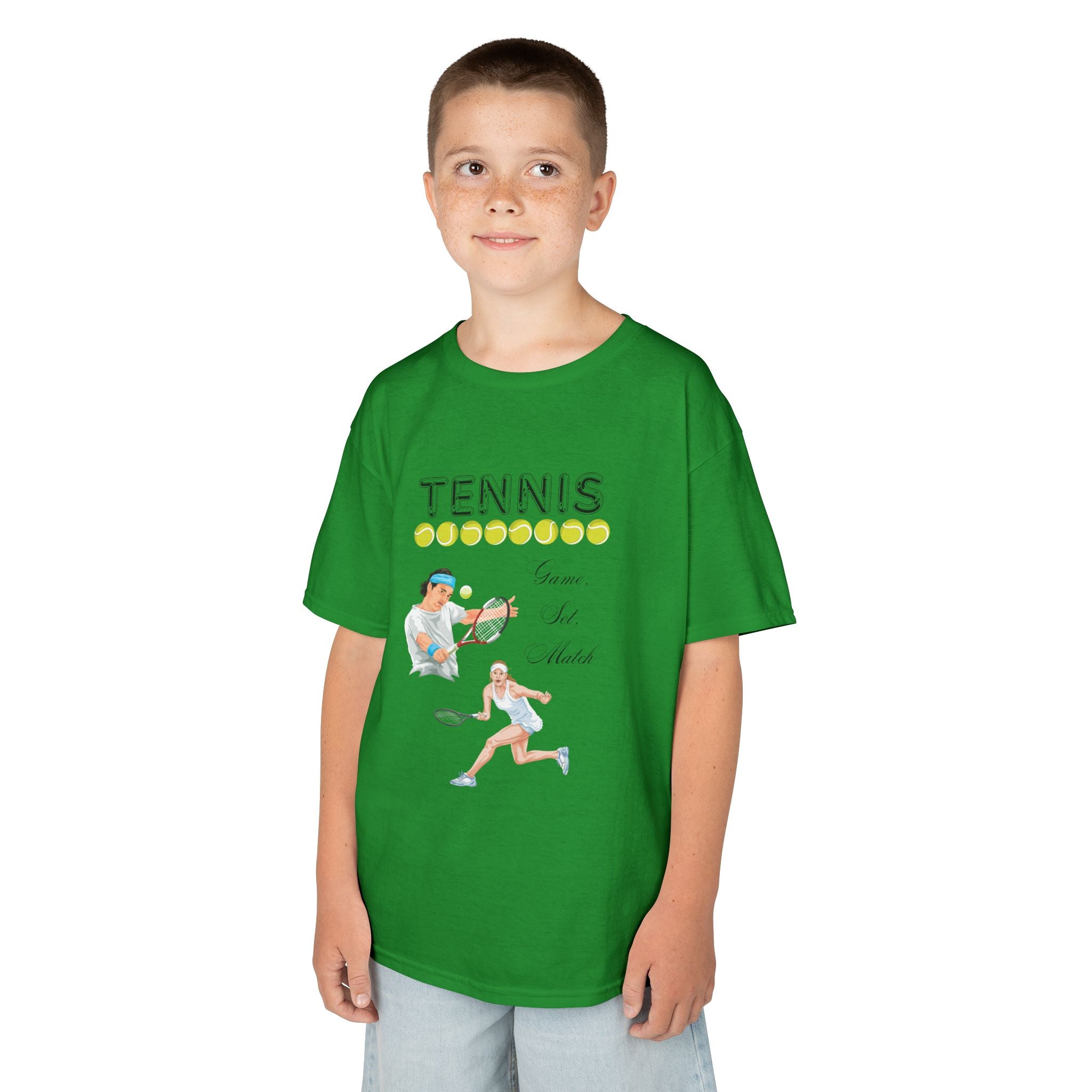 Young boy wearing a youth Gildan 5000B heavy cotton t-shirt in irish green with a Tennis text and graphic