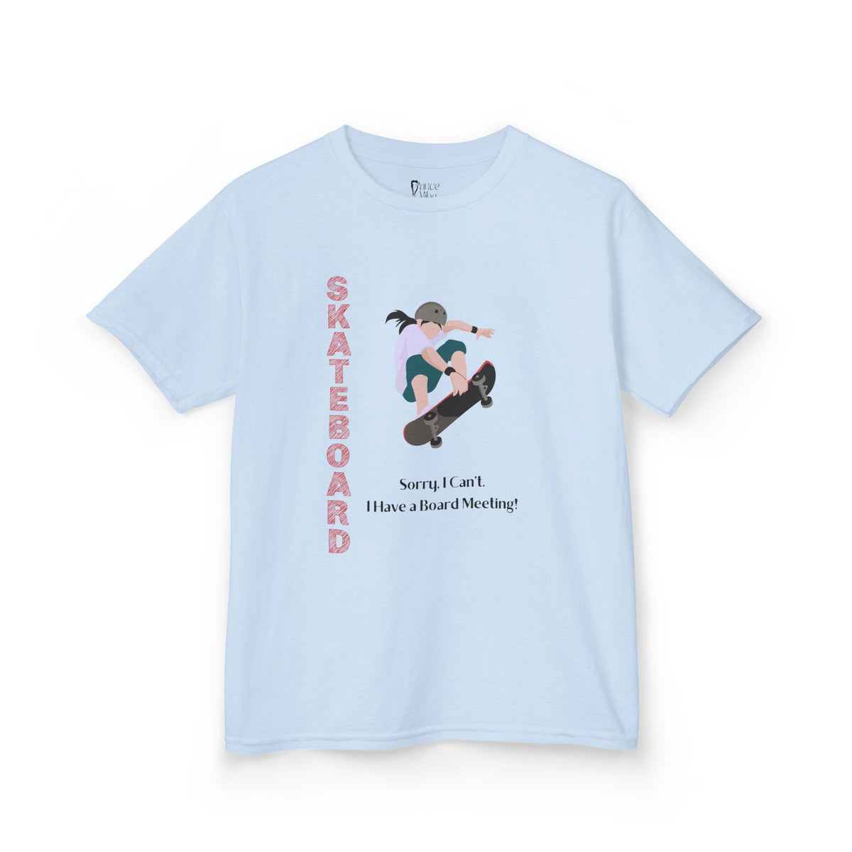 Front view of a youth Gildan 5000B heavy cotton t-shirt in light blue featuring a girl Skateboarding