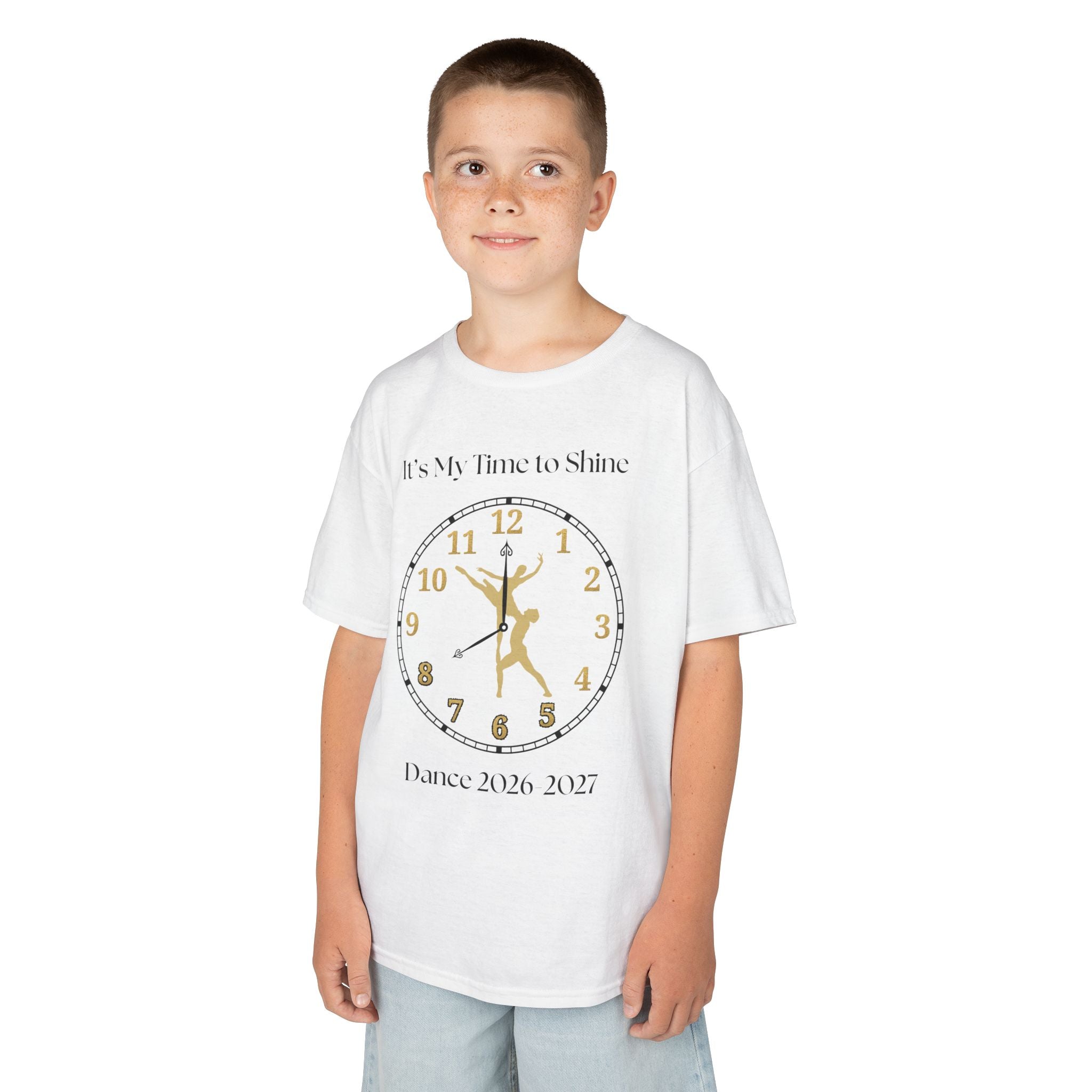 Young boy wearing a youth Gildan 5000B heavy cotton t-shirt in white with a Ballet Couple 2026-2027 design