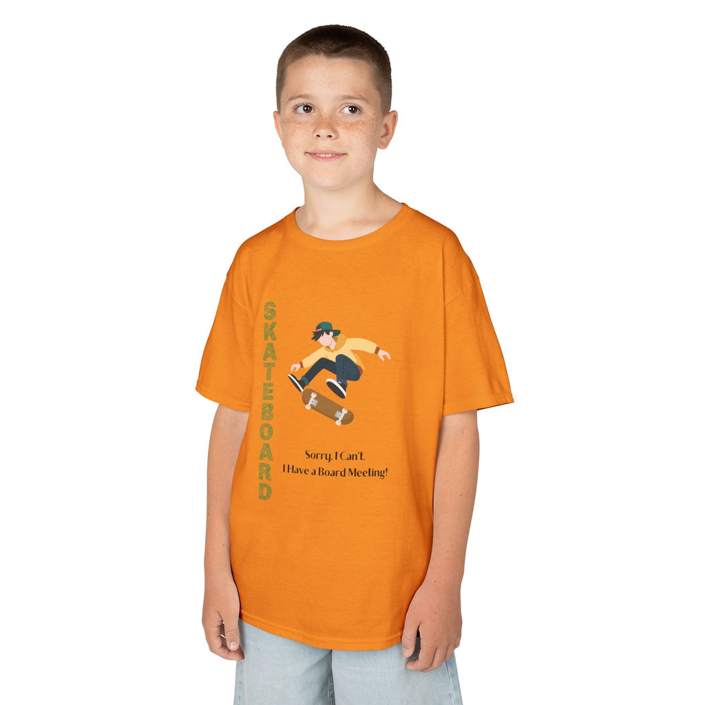 Young boy wearing a youth Gildan 5000B heavy cotton t-shirt in tennessee orange featuring a boy Skateboarding