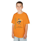 Young boy wearing a youth Gildan 5000B heavy cotton t-shirt in tennessee orange featuring a boy Skateboarding