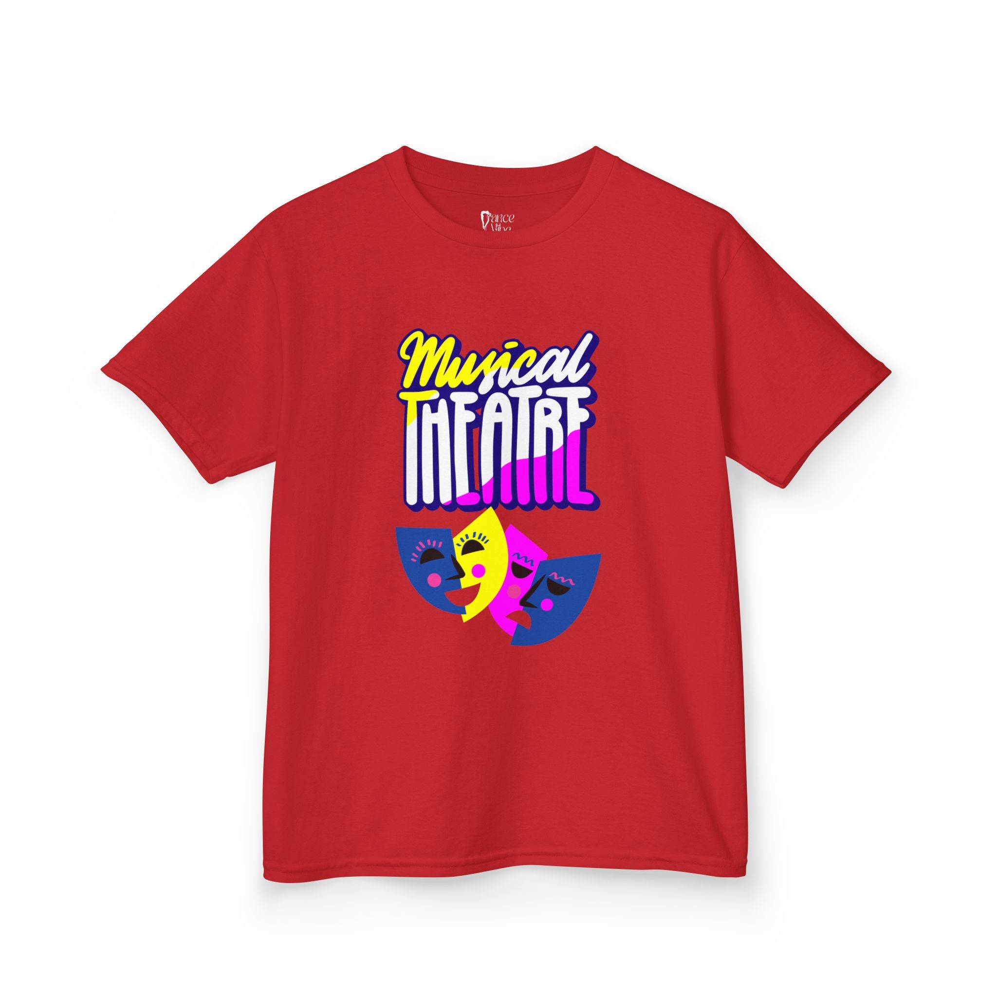 Front view of a youth Gildan 5000B heavy cotton t-shirt in red with a Musical Theater rainbow mask graphic