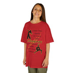 Young girl wearing a youth Gildan 5000B heavy cotton t-shirt in red featuring Contemporary Dancers with text
