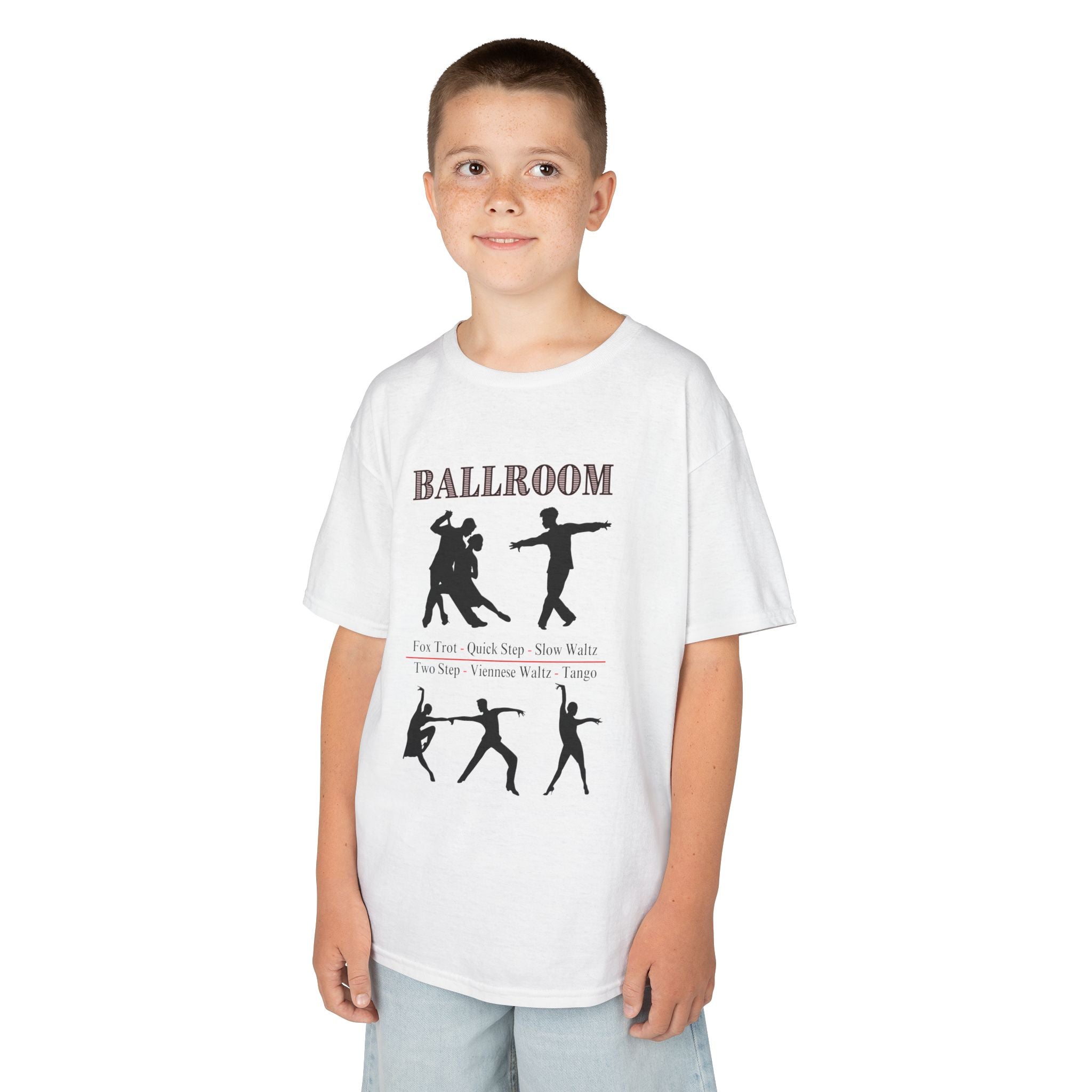 Young boy wearing a youth Gildan 5000B heavy cotton t-shirt in white with a Ballroom Dance Style theme