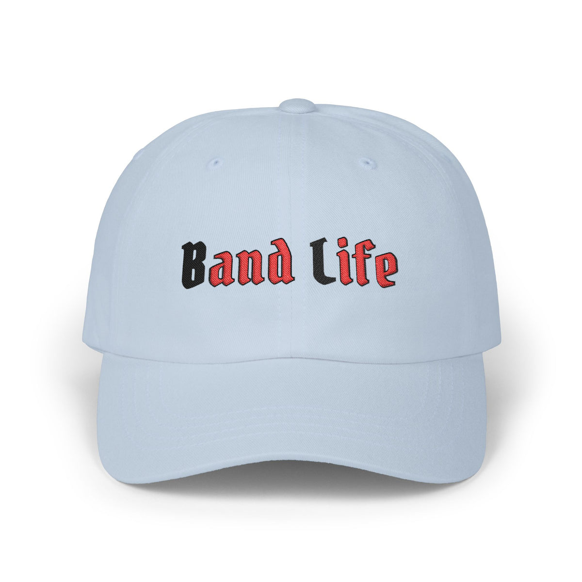 Light blue embroidered classic dad cap hat with Band Life text Front view