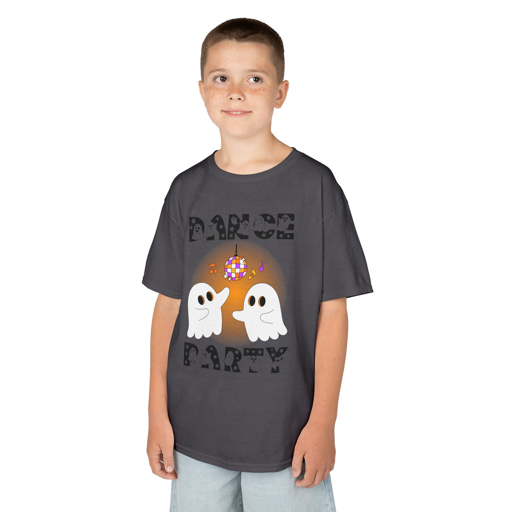 Young boy wearing a youth Gildan 5000B heavy cotton t-shirt in charcoal with a Halloween Dance Party theme