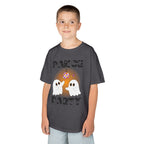 Young boy wearing a youth Gildan 5000B heavy cotton t-shirt in charcoal with a Halloween Dance Party theme