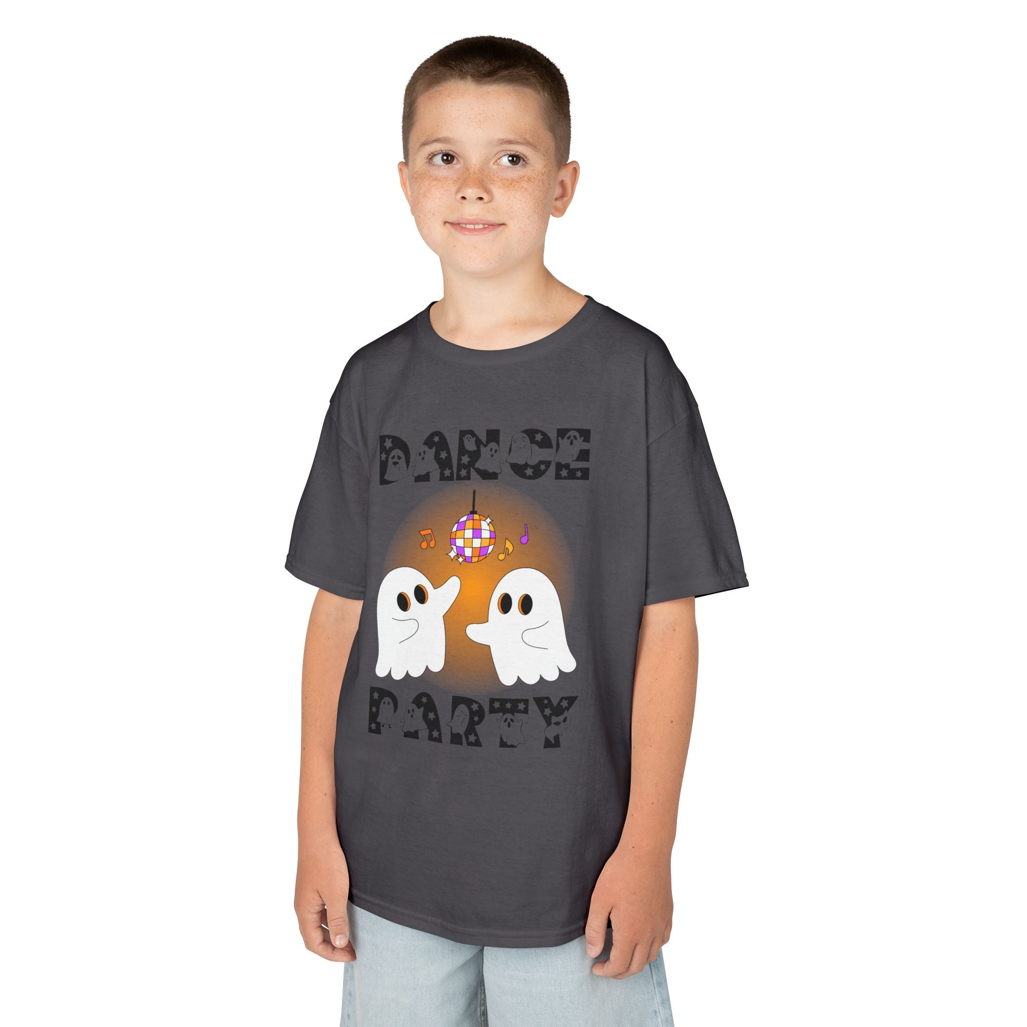 Young boy wearing a youth Gildan 5000B heavy cotton t-shirt in charcoal with a Halloween Dance Party theme
