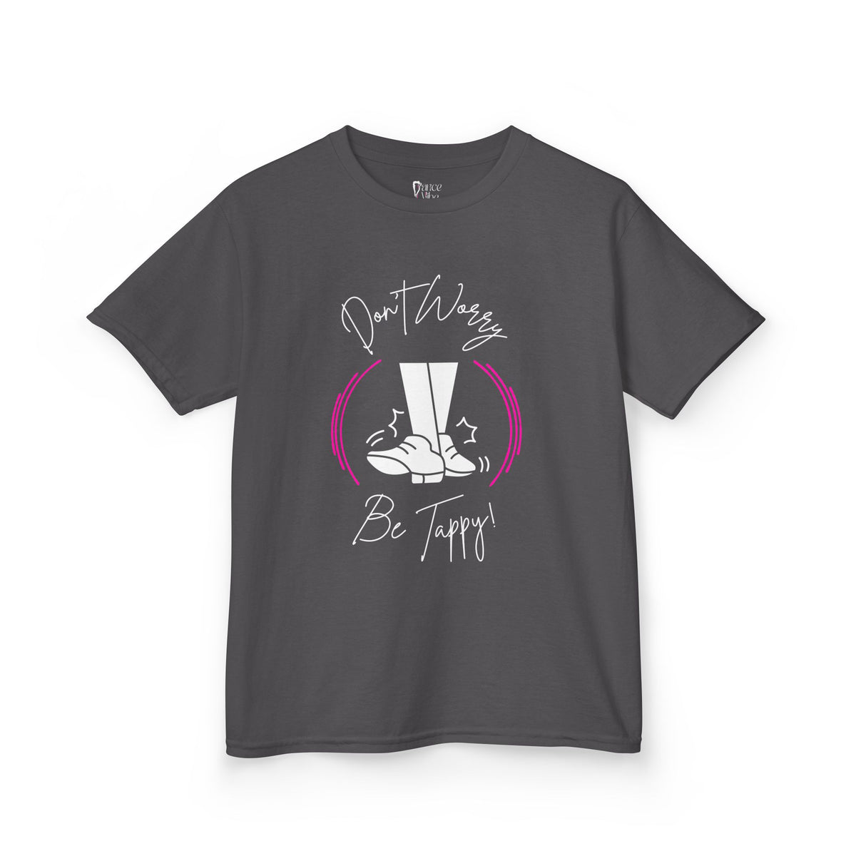 Front view of a youth Gildan 5000B heavy cotton t-shirt in charcoal with a Don't Worry Be Tappy Tap Shoe design