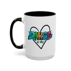 15oz white ceramic Dance All Day mug with black handle and interior Left handed view