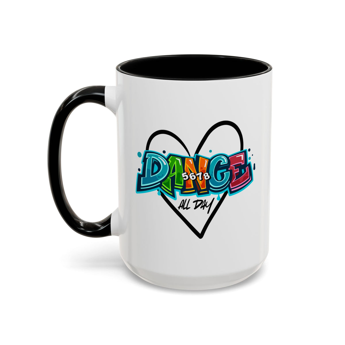 15oz white ceramic Dance All Day mug with black handle and interior Left handed view