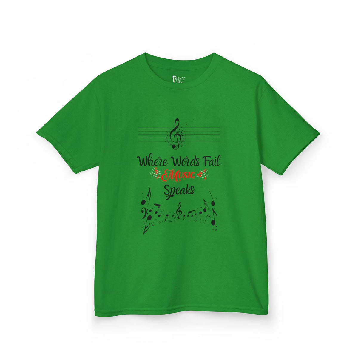 Front view of a youth Gildan 5000B heavy cotton t-shirt in irish green with a Where Words Fail Music Speaks text and graphic