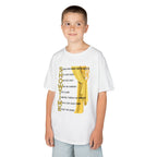 Young boy wearing a youth Gildan 5000B heavy cotton t-shirt in white with a Showtime text and graphic 