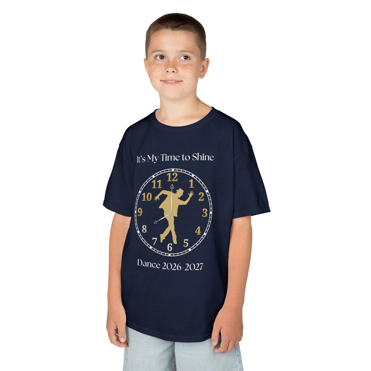Young boy wearing a youth Gildan 5000B heavy cotton t-shirt in navy with a Male Broadway Dancer 2026-2027 design