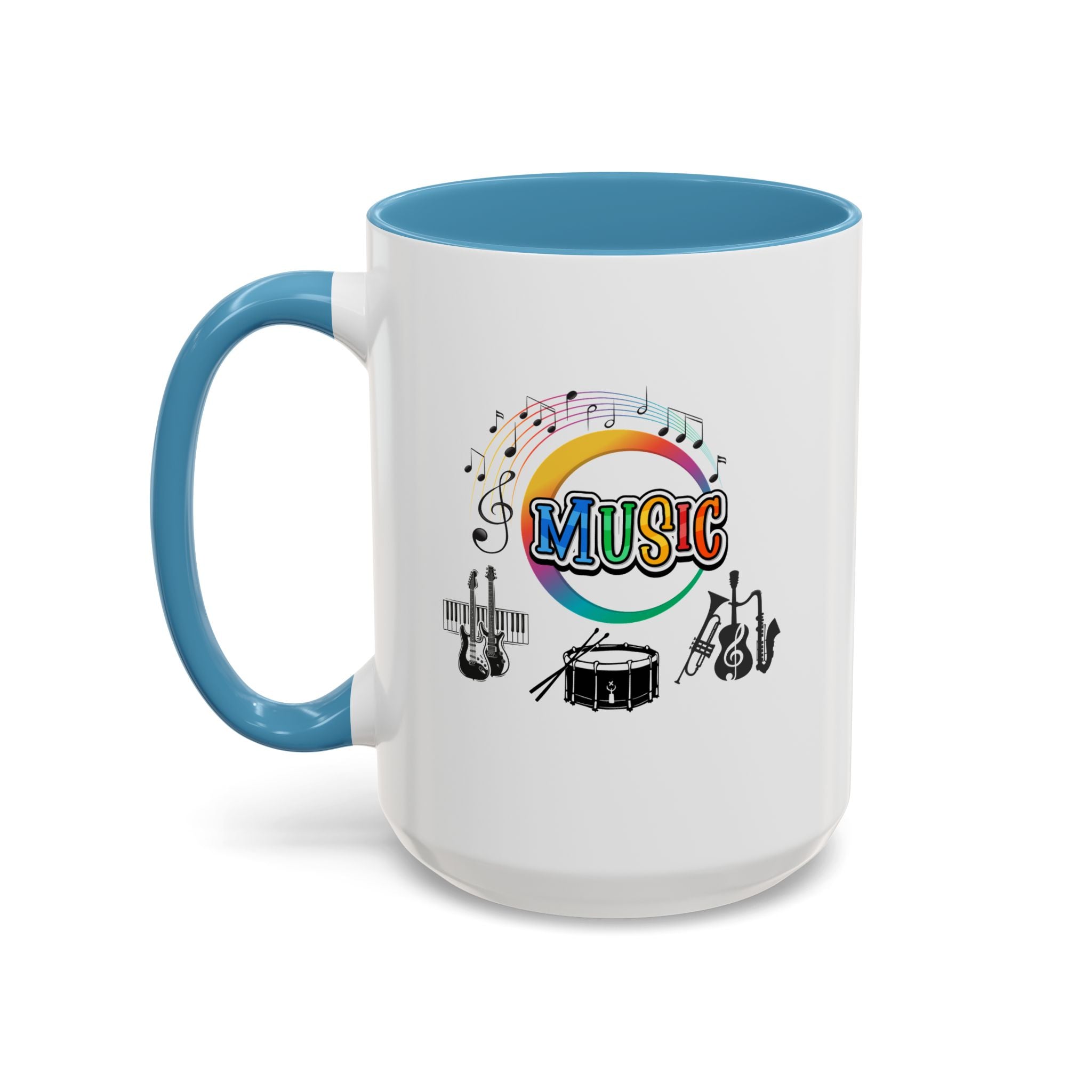 15oz white ceramic Music Instrument mug with light blue handle and interior Left handed view