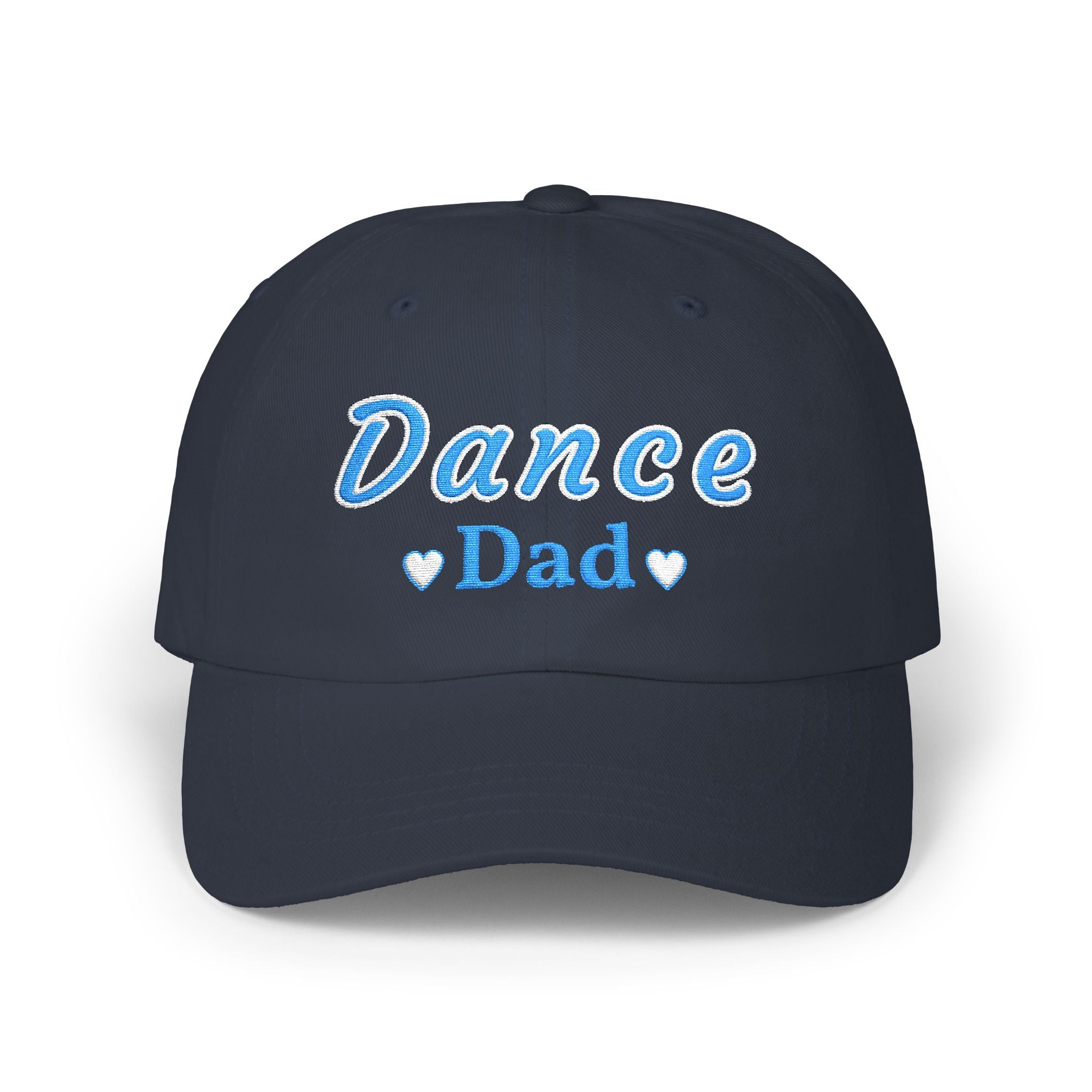 Navy embroidered classic dad cap hat with a Dance Dad text and graphic Front view