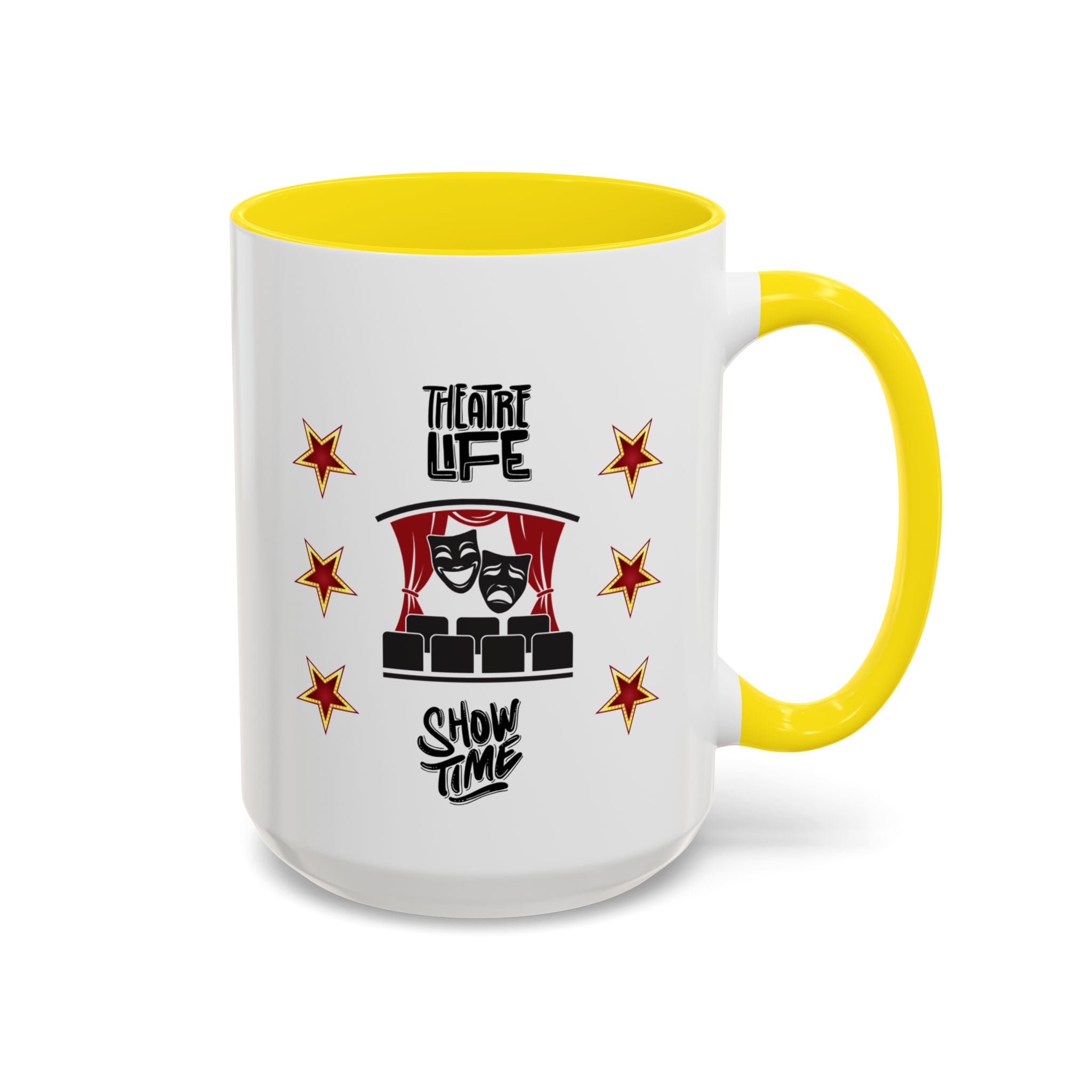 15oz white ceramic Theatre Showtime mug with yellow handle and interior Right handed view