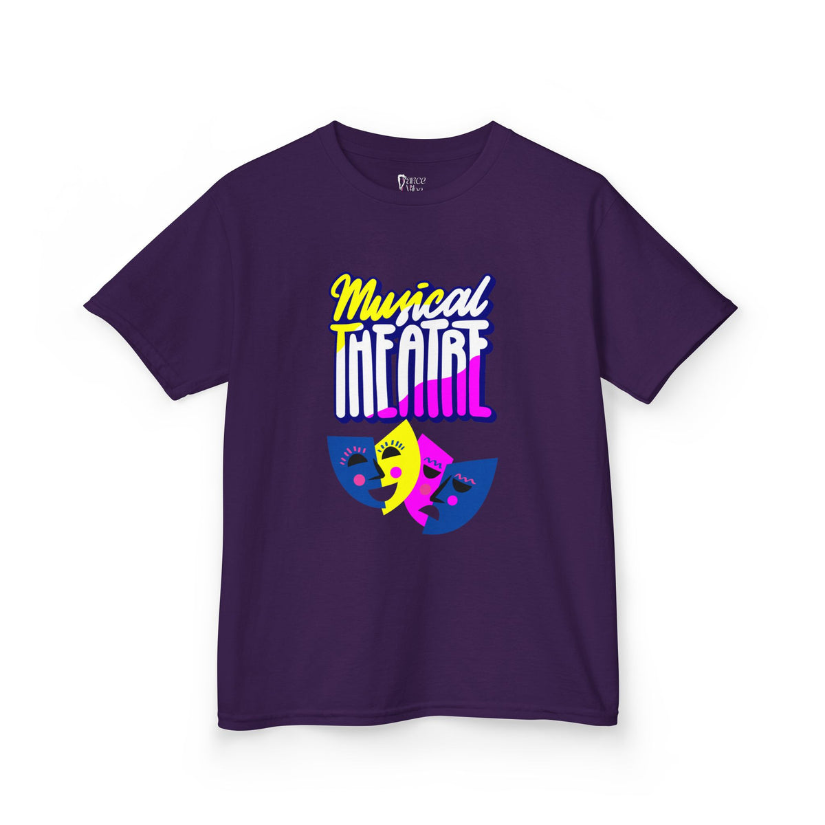 Front view of a youth Gildan 5000B heavy cotton t-shirt in purple with a Musical Theater rainbow mask graphic
