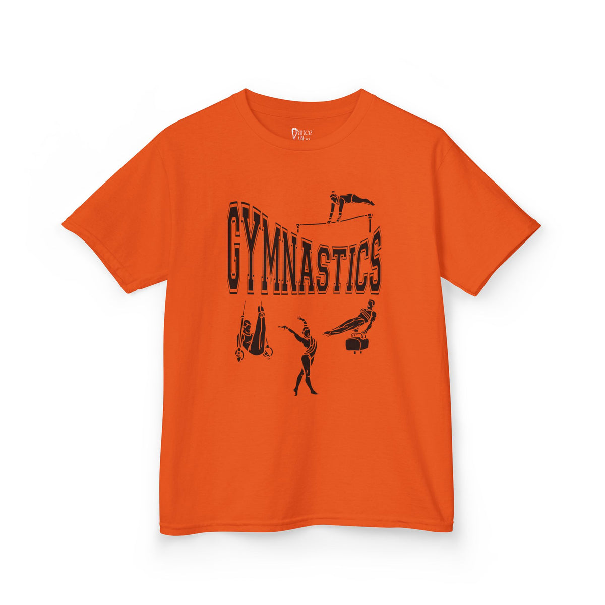 Front view of a youth Gildan 5000B heavy cotton t-shirt in orange with a gymnastics text and graphic