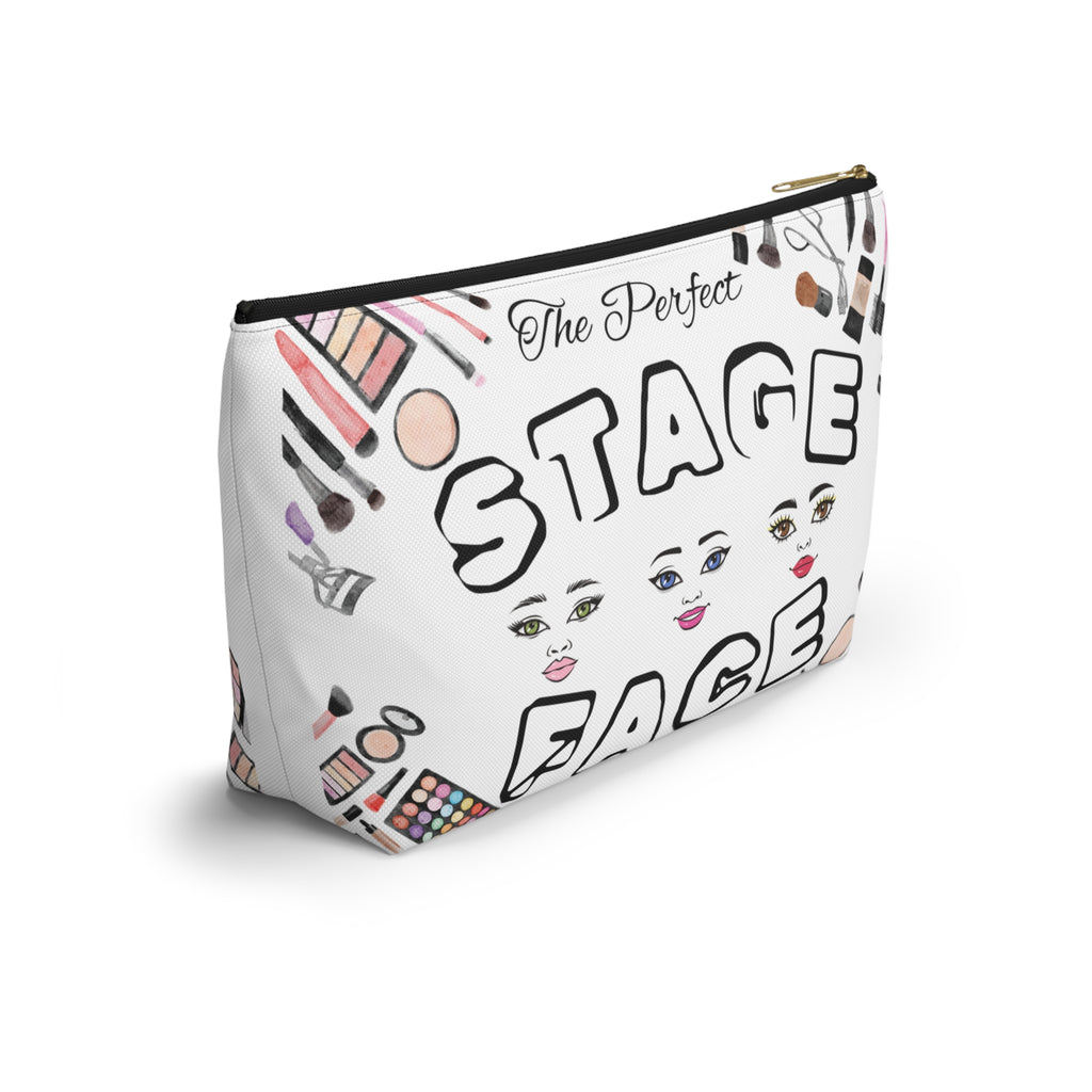 Makeup bag with face and makeup illustrations and The Perfect Stage Face text on a white background black zipper side view