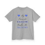 A sport grey short-sleeve t-shirt with a graphic text print reading My Favorite Dancer Calls Me Brother.