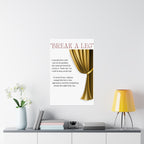 Break a Leg theatre wall art poster design explaining the origin of the phrase on bedroom wall gift for performers and dancers Size 24x36 (right side curtain)