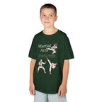 Young boy wearing a youth Gildan 5000B heavy cotton t-shirt in forest green with a Martial Arts text and graphic