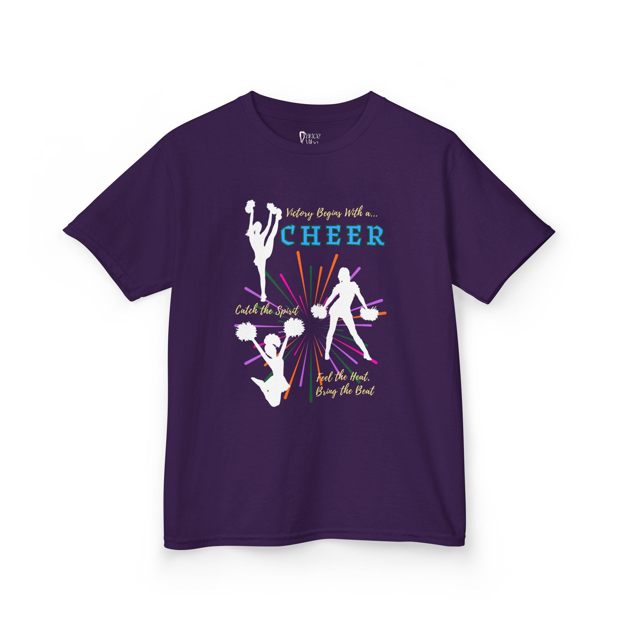 Front view of a youth Gildan 5000B heavy cotton t-shirt in purple with a Cheer Team design