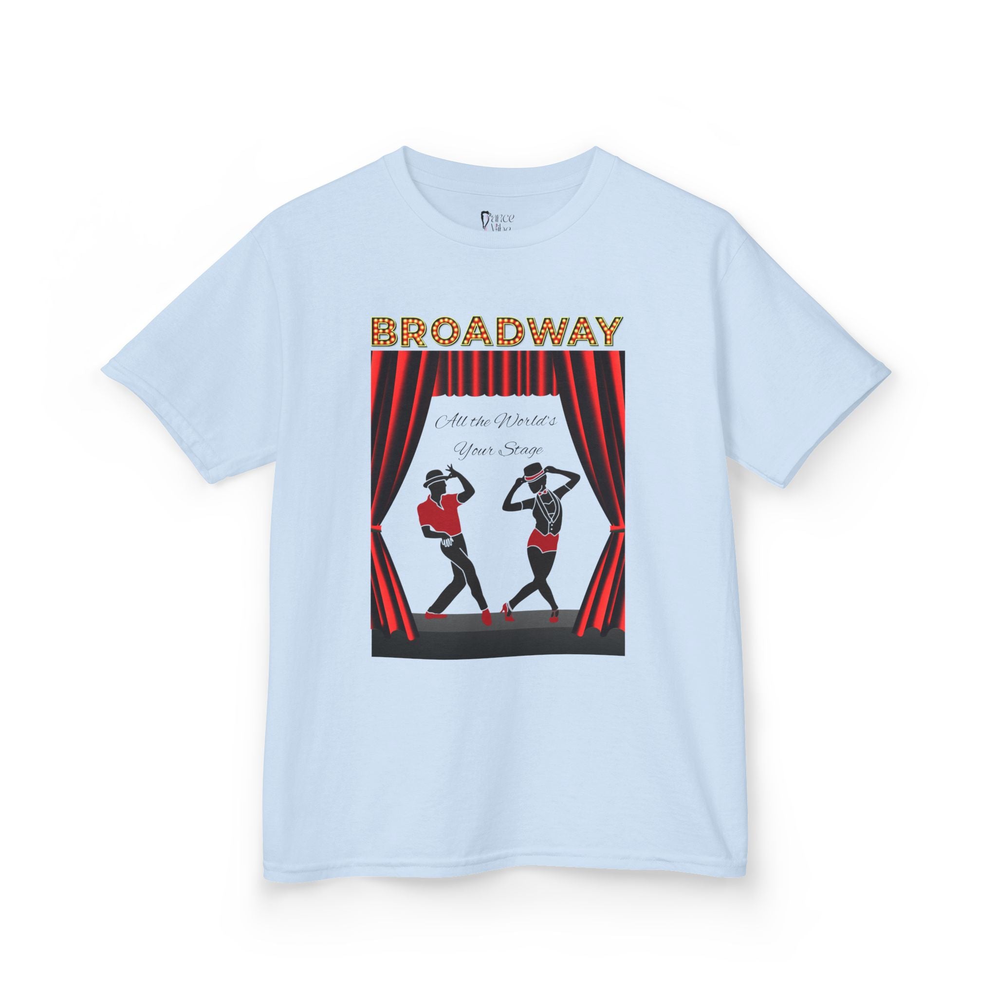 Front view of a youth Gildan 5000B heavy cotton t-shirt in light blue with a Broadway text and graphic