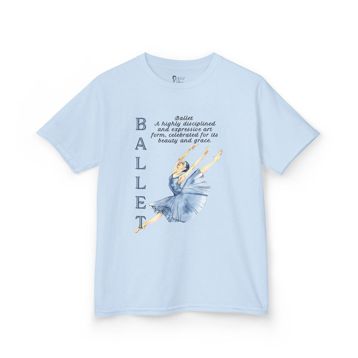 Front view of a youth Gildan 5000B heavy cotton t-shirt in light blue with a Ballet text and graphic