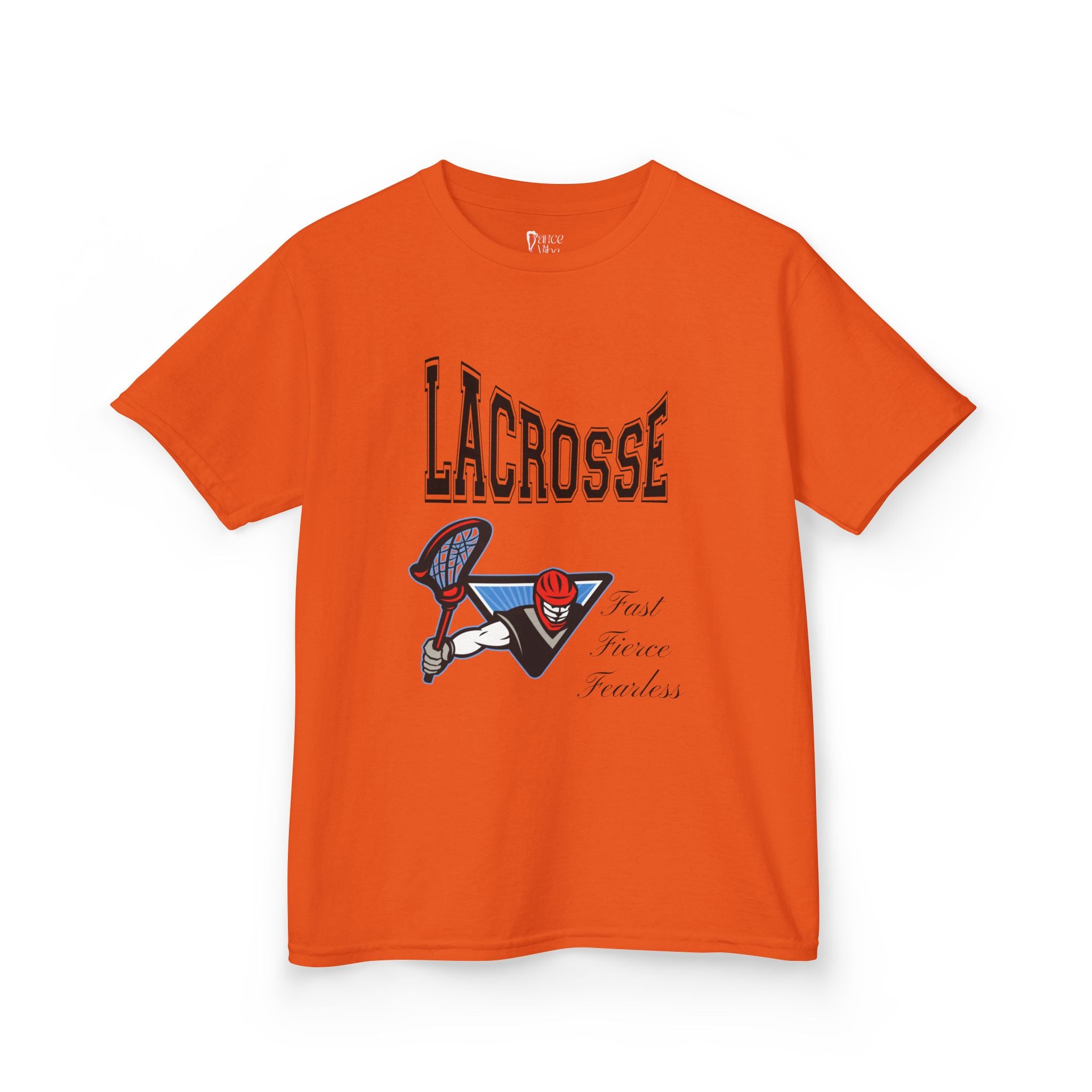 Front view of a youth Gildan 5000B heavy cotton t-shirt in orange with a Boys Lacrosse design