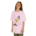 Young girl wearing a youth Gildan 5000B heavy cotton t-shirt in light pink with a Dance Competition theme