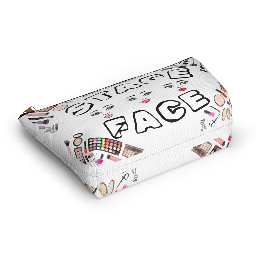 Makeup-themed travel pouch with Stage Face text on a white background bottom view