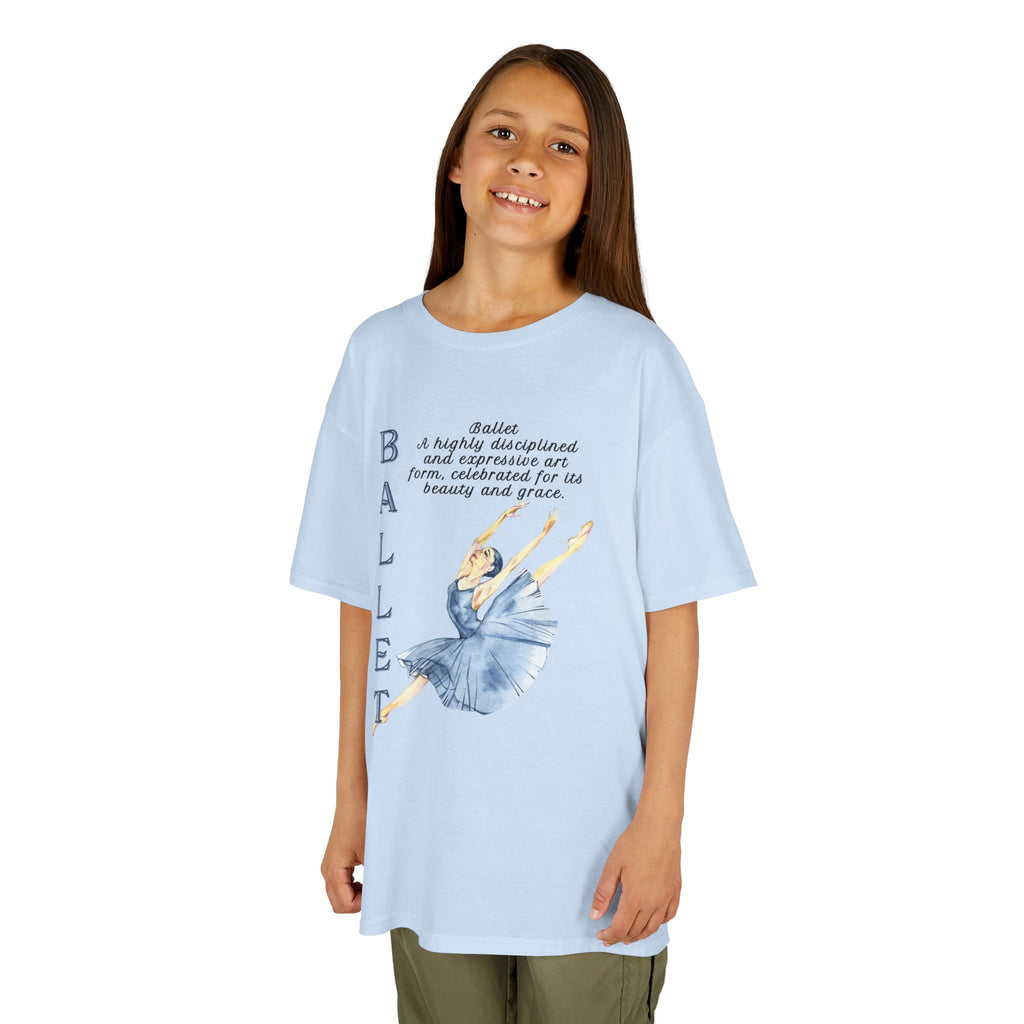 Young girl wearing a youth Gildan 5000B heavy cotton t-shirt in light blue with a Ballet text and graphic