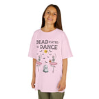 Young girl wearing a youth Gildan 5000B heavy cotton t-shirt in light pink with a Deadicated to Dance Halloween theme