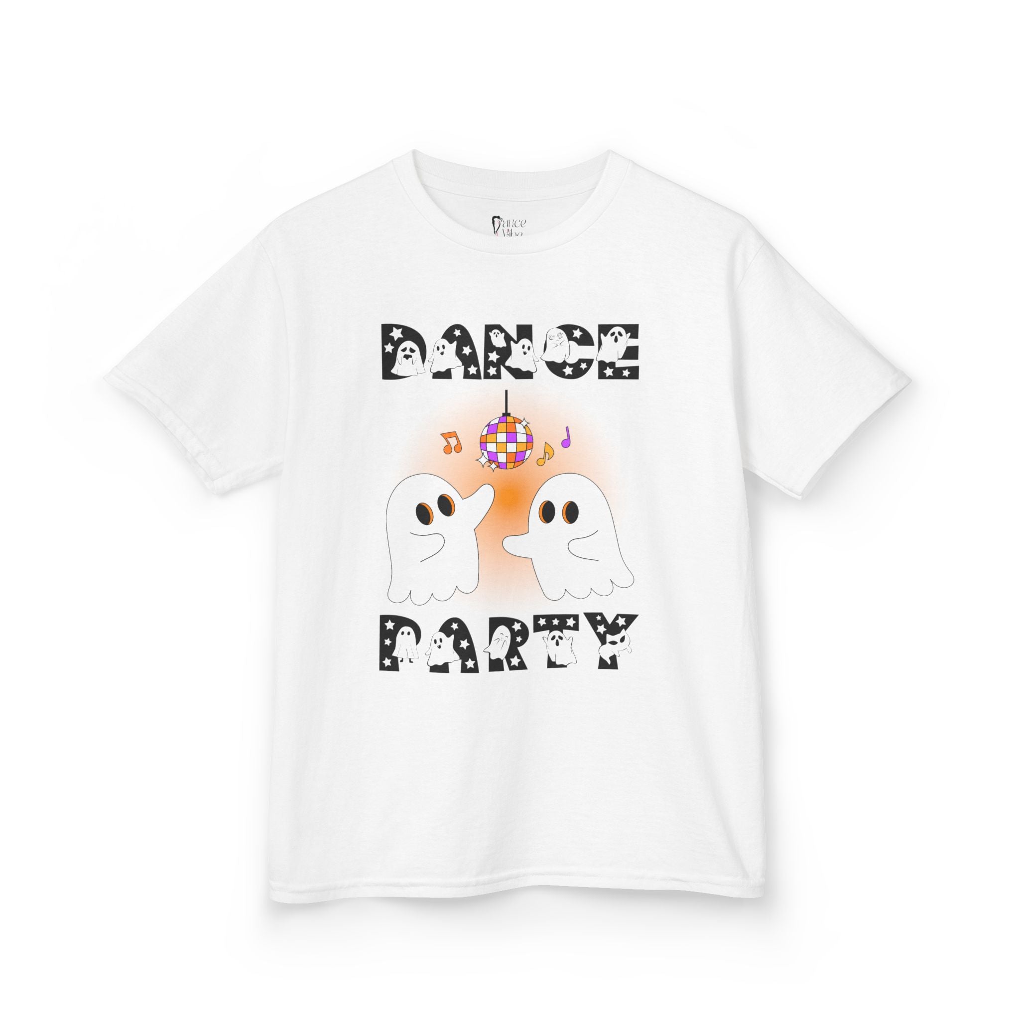 Front view of a youth Gildan 5000B heavy cotton t-shirt in white with a Halloween Dance Party theme