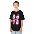 Young boy wearing a Gildan 5000B heavy cotton t-shirt in black with a 5678 Dance text and graphic