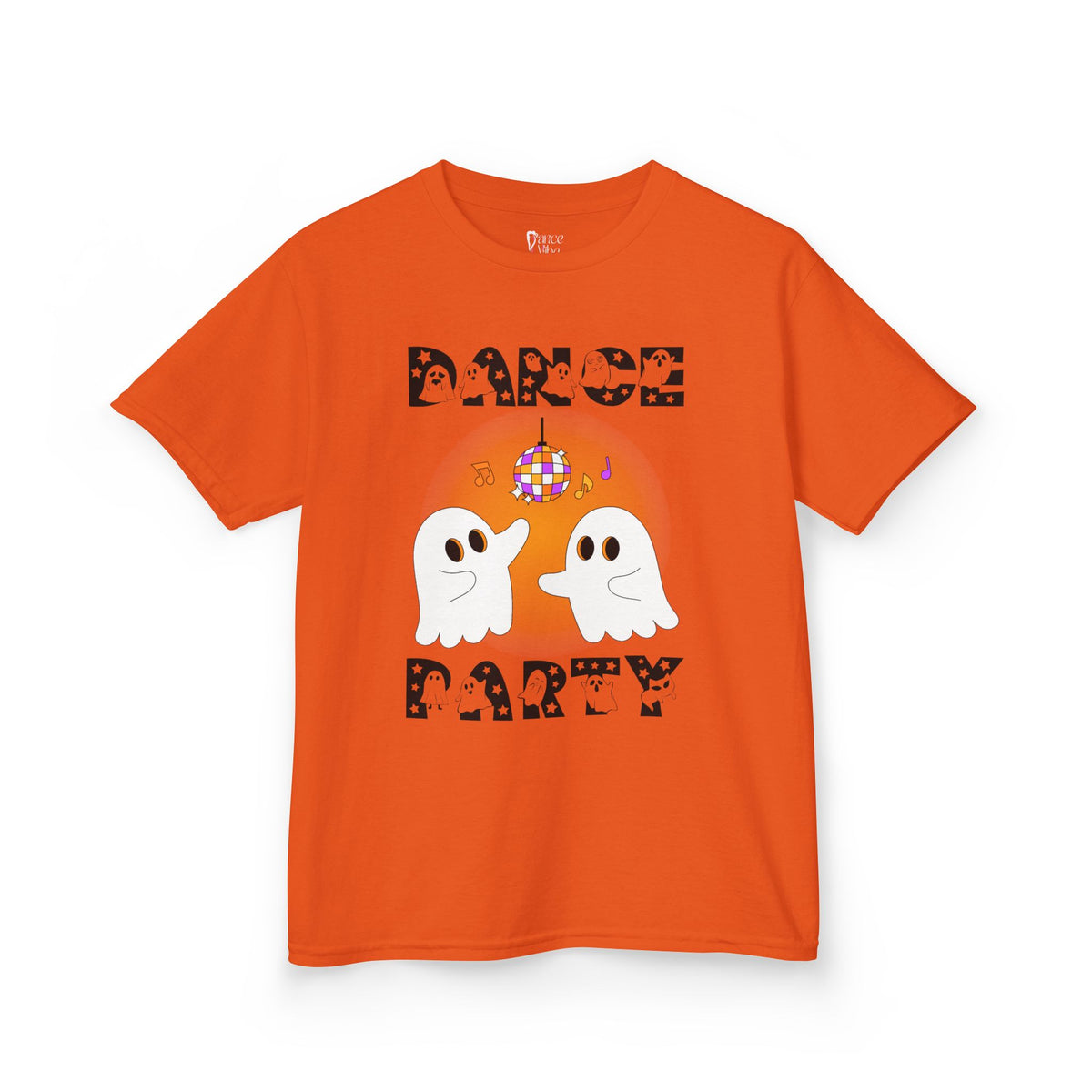 Front view of a youth Gildan 5000B heavy cotton t-shirt in orange with a Halloween Dance Party theme