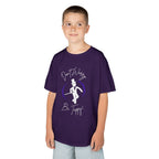 Front view of a youth Gildan 5000B heavy cotton t-shirt in purple with a Don't Worry Be Tappy Tap theme