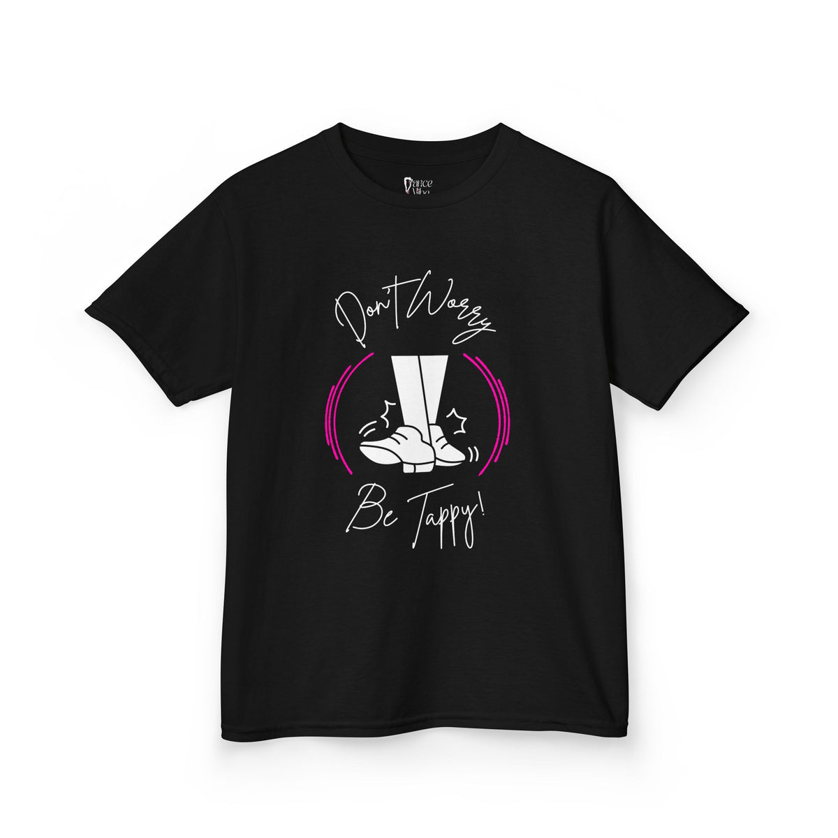 Front view of a youth Gildan 5000B heavy cotton t-shirt in black with a Don't Worry Be Tappy Tap Shoe design