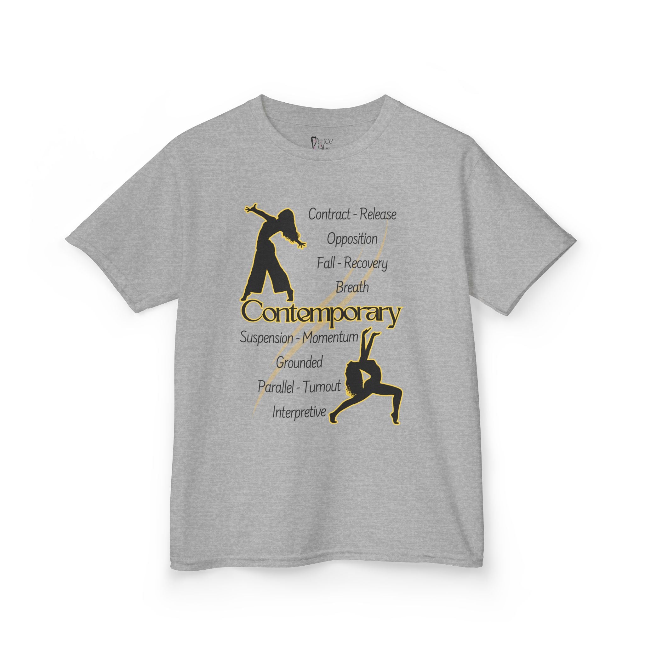 Front view of a youth Gildan 5000B heavy cotton t-shirt in sport grey featuring Contemporary Dancers with text