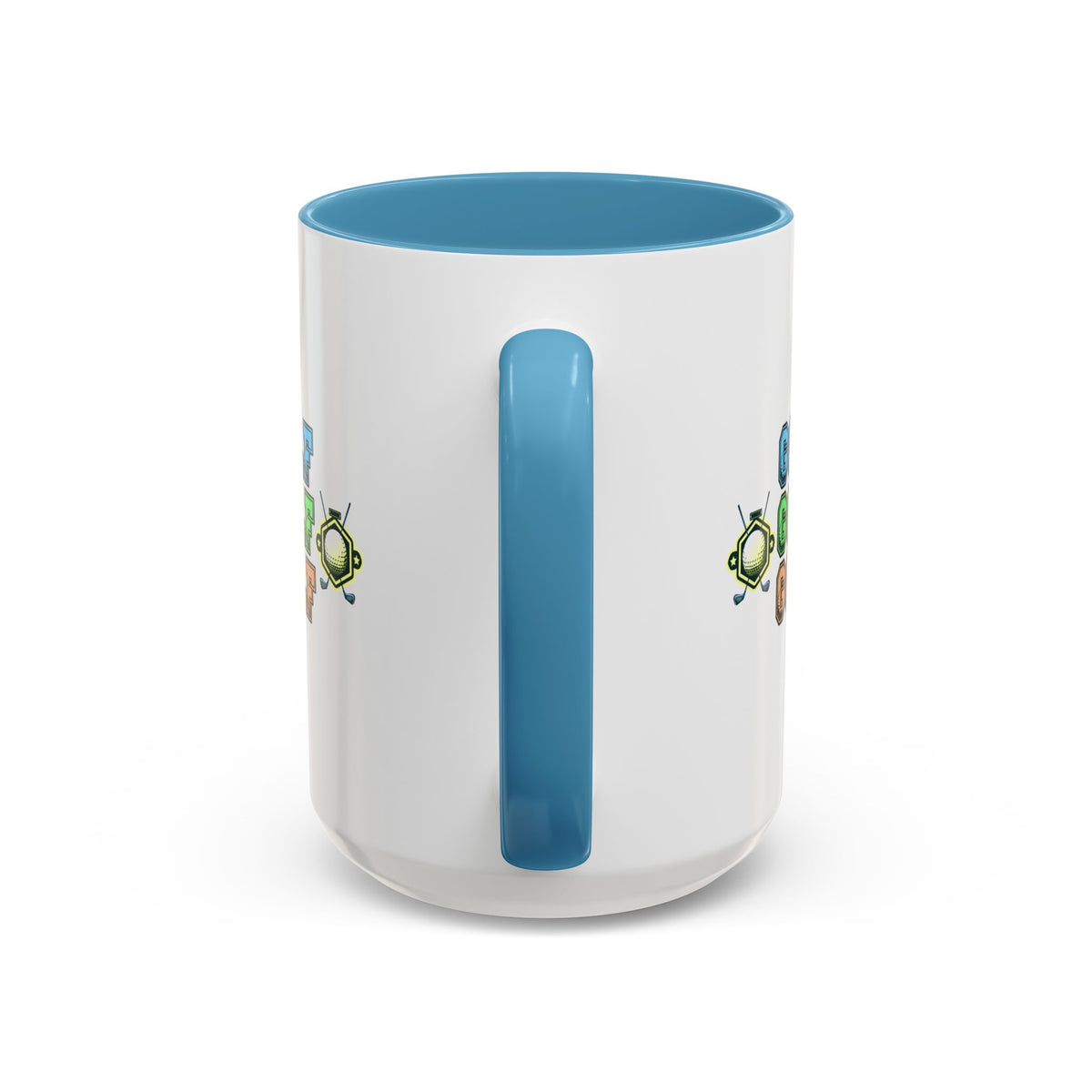 15oz white ceramic Golf mug with light blue handle and interior Handle view