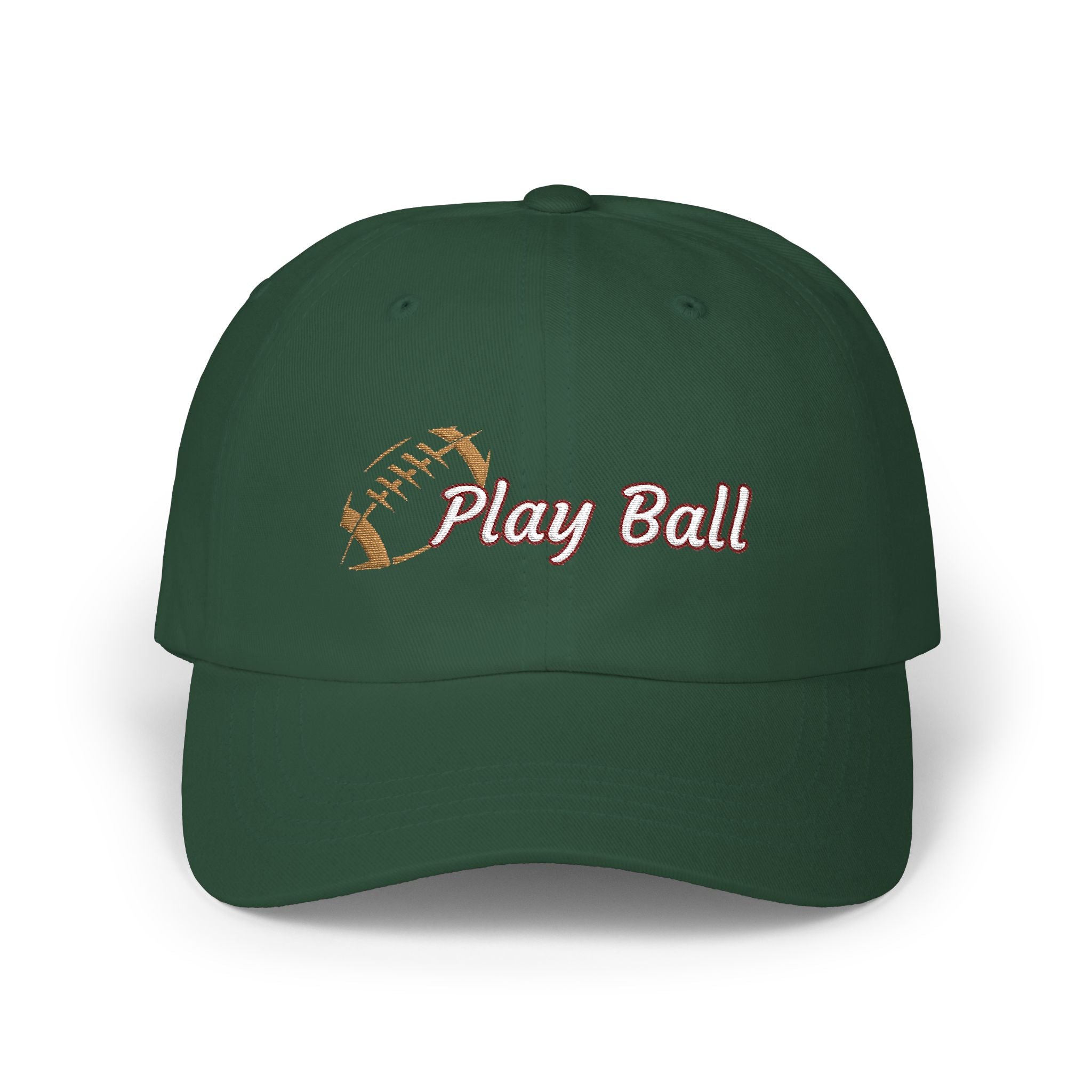 Spruce classic cap with an embroidered football and text that says Play Ball.