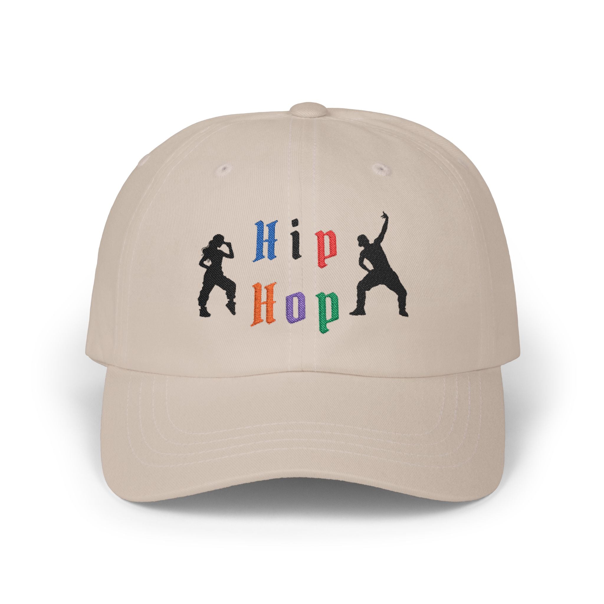 Stone embroidered classic dad cap hat with a Hip Hop text and graphic Front view