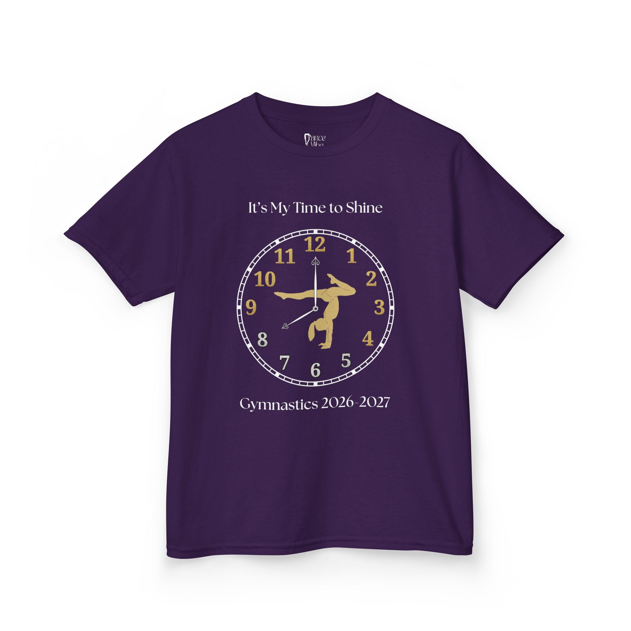 Front view of a youth Gildan 5000B heavy cotton t-shirt in purple with an It's My Time to Shine Gymnastics 2026-2027 theme