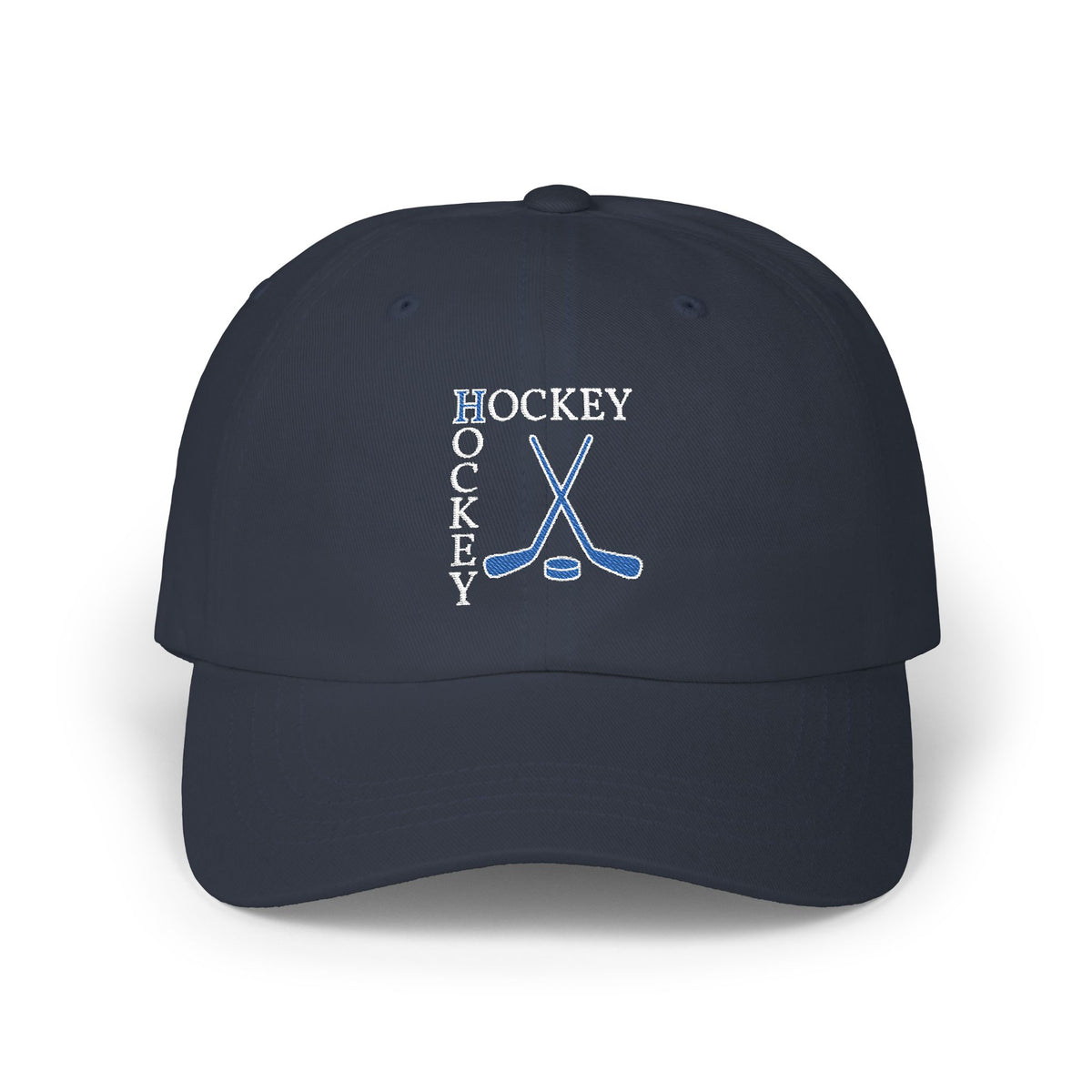 Navy cap with an embroidered Hockey text and logo.