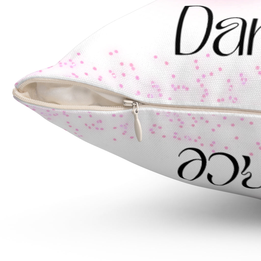 Throw Pillow with dance-themed design featuring ballerinas and the word Dance in rainbow colors with hearts showing a close up of the zipper