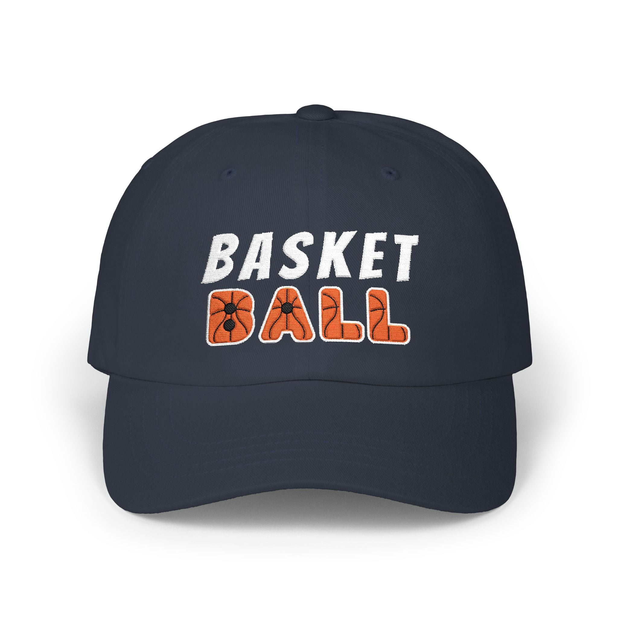 A navy baseball cap featuring BASKET BALL embroidered on the front, with BASKET in white and BALL in orange. 