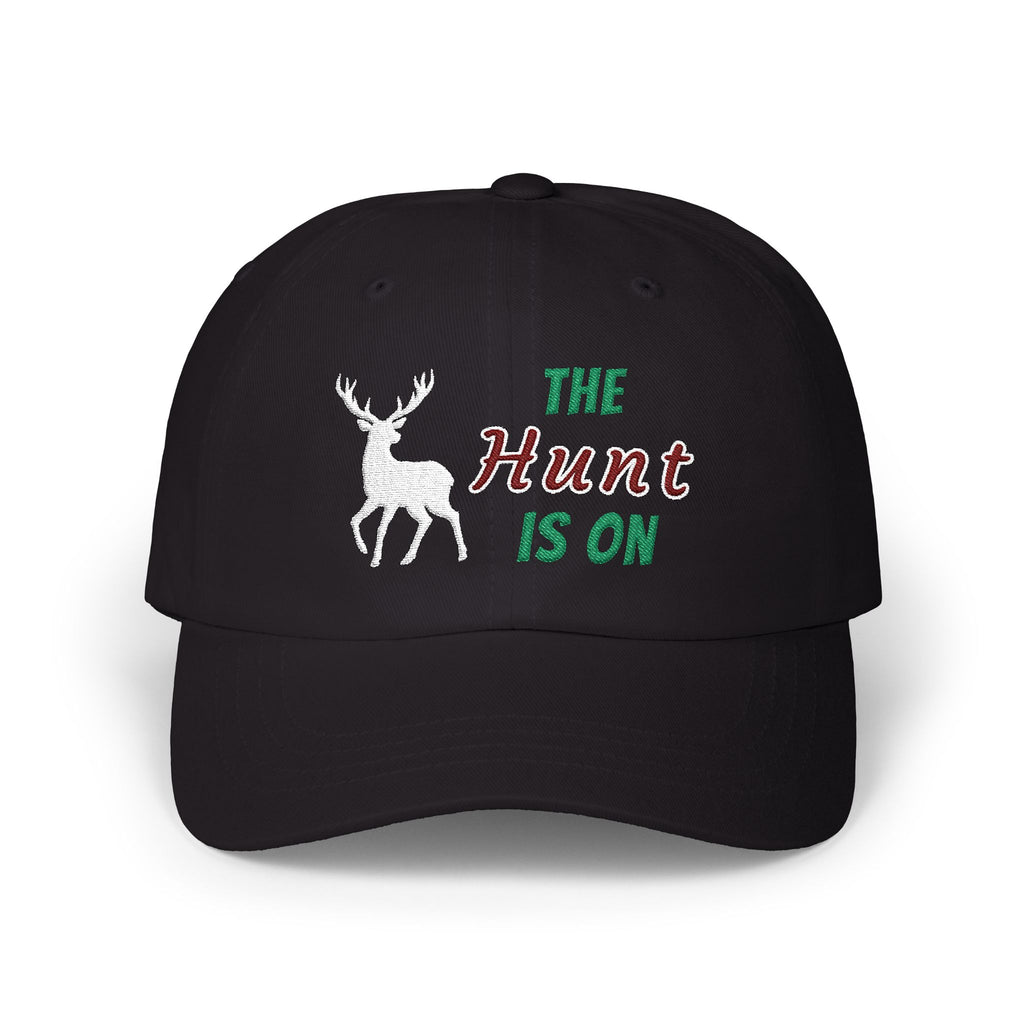 Black embroidered classic dad cap hat with The Hunt is On text and hunting graphic Front view