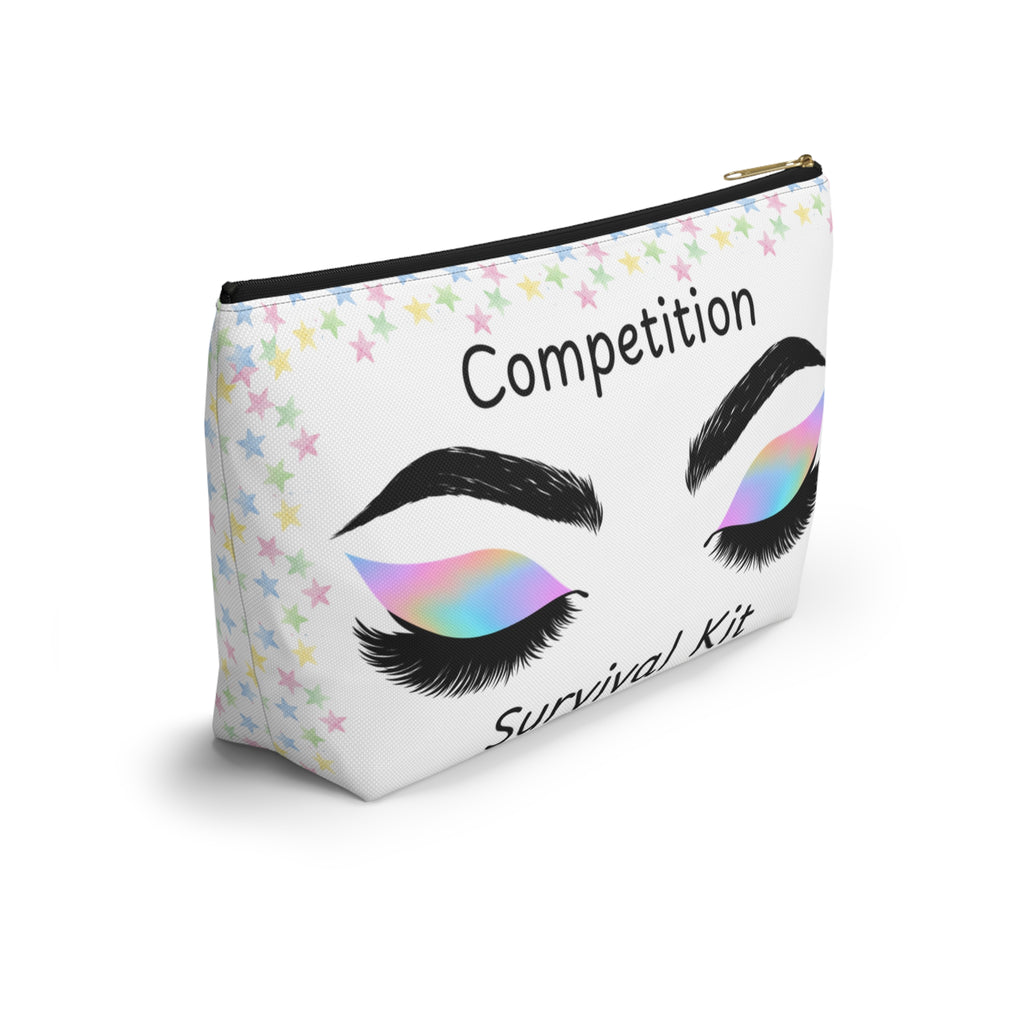 Cosmetic bag with eye makeup design and Competition Survival Kit text on a white background black zipper side view